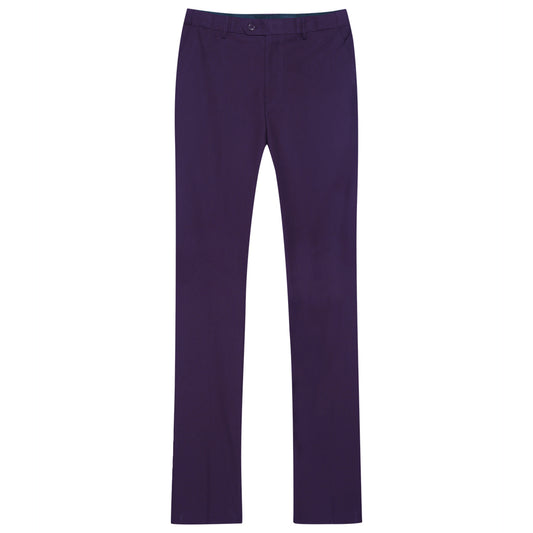 Purple # Men's slim fit 2-piece suit with two-button closure and notch lapel, solid purple formal blazer jacket with matching flat-front trousers, versatile business wear for office, wedding, prom and daily occasions, isolated on white background.