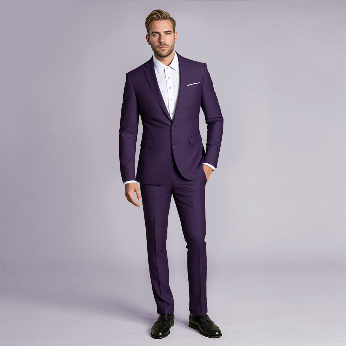 Purple # Men's slim fit 2-piece suit with two-button closure and notch lapel, solid purple formal blazer jacket with matching flat-front trousers, versatile business wear for office, wedding, prom and daily occasions, isolated on white background.
