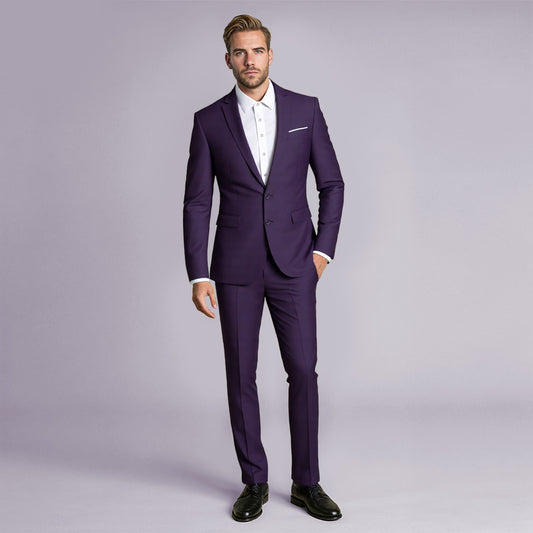 Purple # Men's slim fit 2-piece suit with two-button closure and notch lapel, solid purple formal blazer jacket with matching flat-front trousers, versatile business wear for office, wedding, prom and daily occasions, isolated on white background.