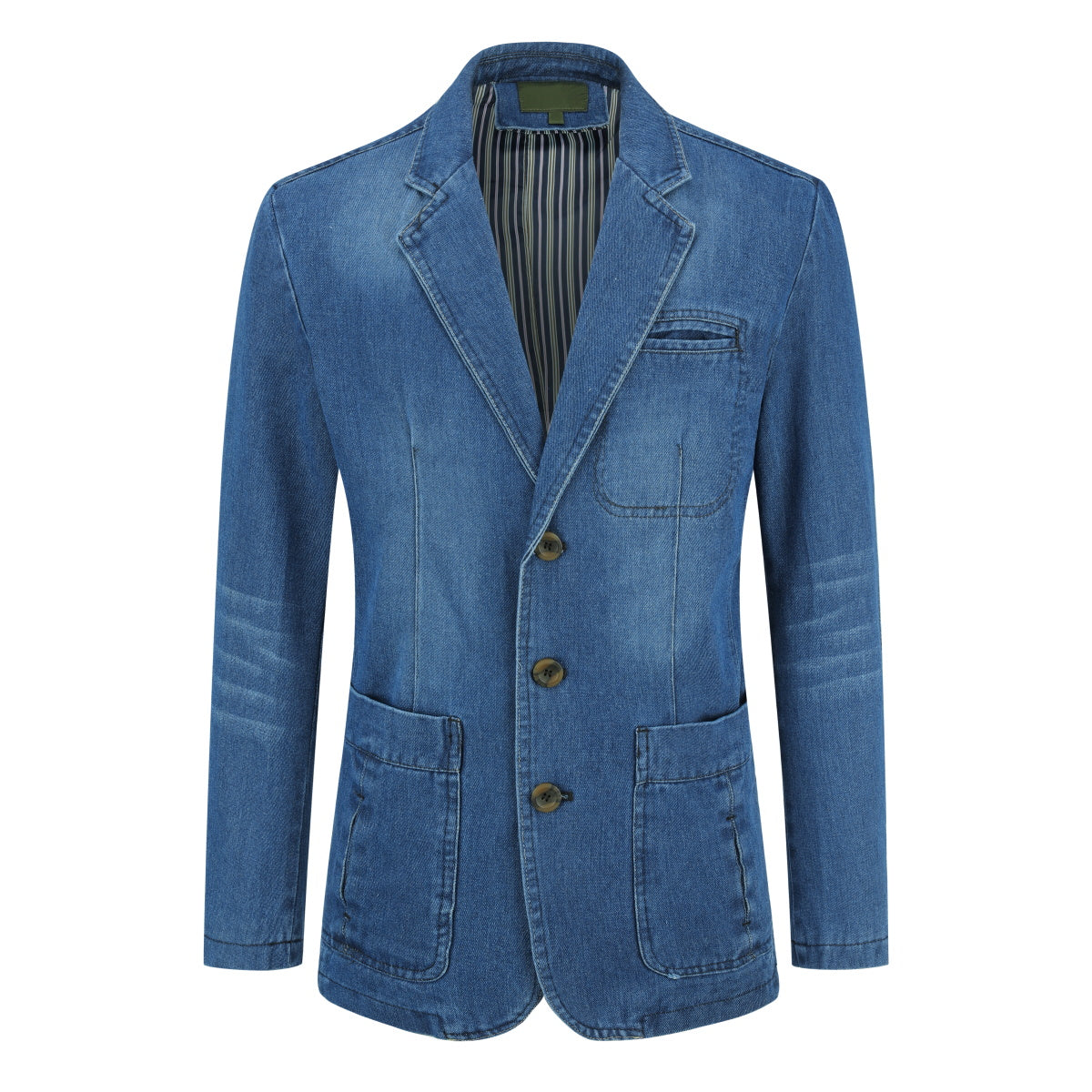Light Blue # Men's multi-pocket denim casual blazer with one-button notch lapel and dual side vents, tailored-fit light blue sport coat jacket with flap pockets and subtle shiny fabric, versatile cotton polyester blend for daily wear, office, party and casual outings, isolated on white background.