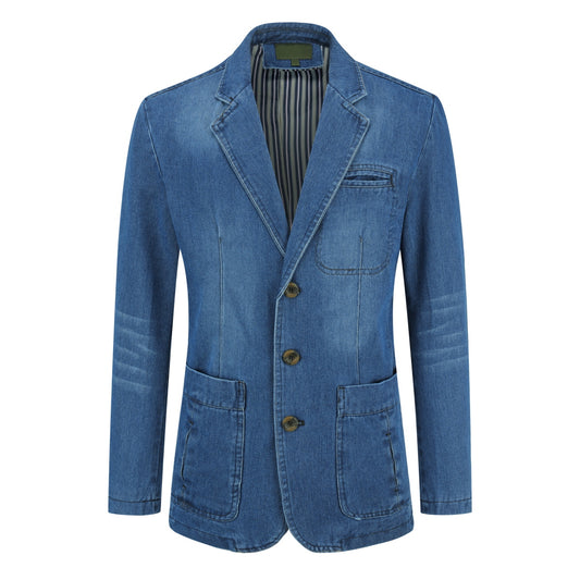 Light Blue # Men's multi-pocket denim casual blazer with one-button notch lapel and dual side vents, tailored-fit light blue sport coat jacket with flap pockets and subtle shiny fabric, versatile cotton polyester blend for daily wear, office, party and casual outings, isolated on white background.