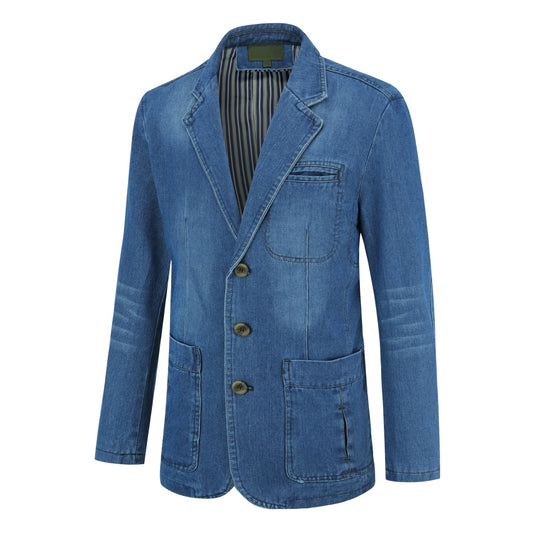 Light Blue # Men's multi-pocket denim casual blazer with one-button notch lapel and dual side vents, tailored-fit light blue sport coat jacket with flap pockets and subtle shiny fabric, versatile cotton polyester blend for daily wear, office, party and casual outings, isolated on white background.