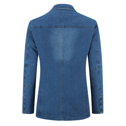 Light Blue # Men's multi-pocket denim casual blazer with one-button notch lapel and dual side vents, tailored-fit light blue sport coat jacket with flap pockets and subtle shiny fabric, versatile cotton polyester blend for daily wear, office, party and casual outings, isolated on white background.