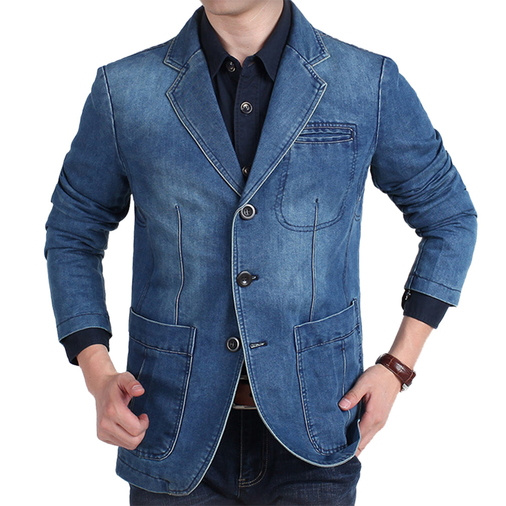 Light Blue # Men's multi-pocket denim casual blazer with one-button notch lapel and dual side vents, tailored-fit light blue sport coat jacket with flap pockets and subtle shiny fabric, versatile cotton polyester blend for daily wear, office, party and casual outings, isolated on white background.