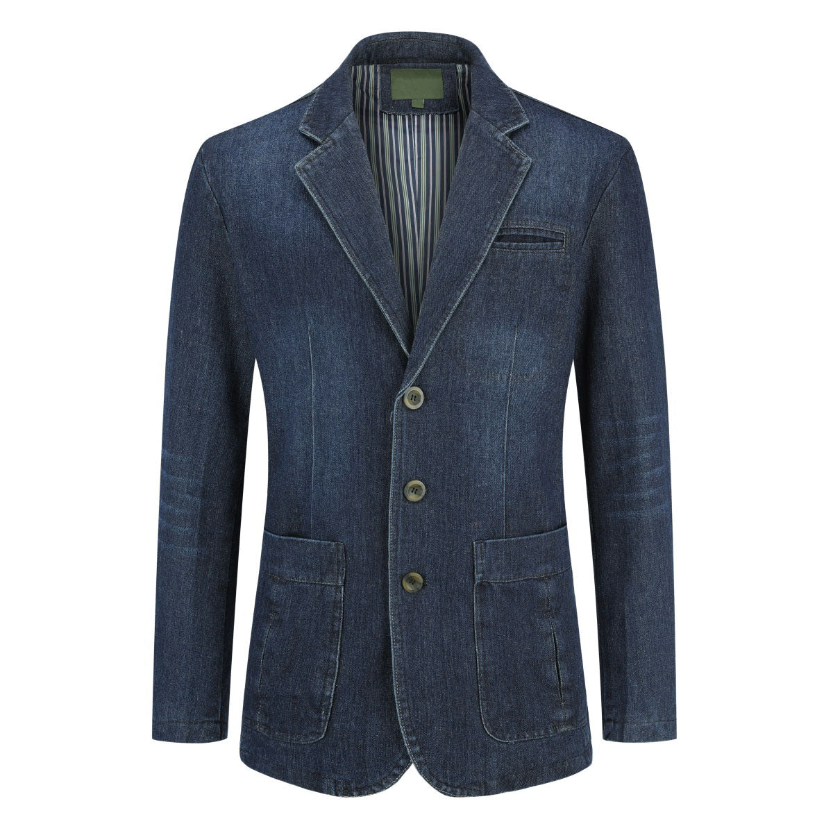 Dark Blue # Men's multi-pocket denim casual blazer with one-button notched lapel and tailored fit, dark blue sport coat jacket featuring dual side vents and flap pockets, versatile denim-style outerwear for daily business, office, casual wear and weekend outings, isolated on white background.