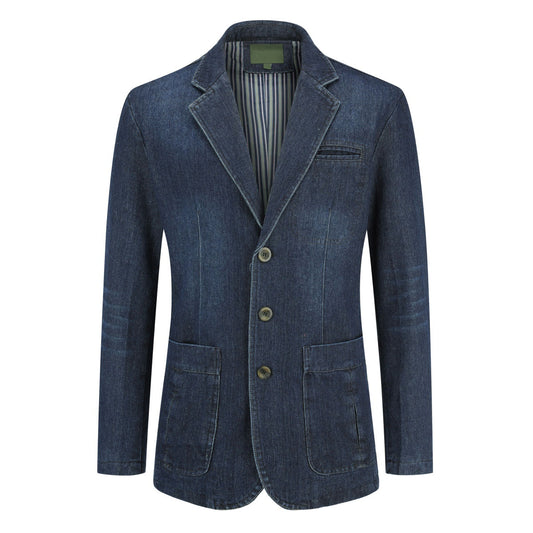 Dark Blue # Men's multi-pocket denim casual blazer with one-button notched lapel and tailored fit, dark blue sport coat jacket featuring dual side vents and flap pockets, versatile denim-style outerwear for daily business, office, casual wear and weekend outings, isolated on white background.