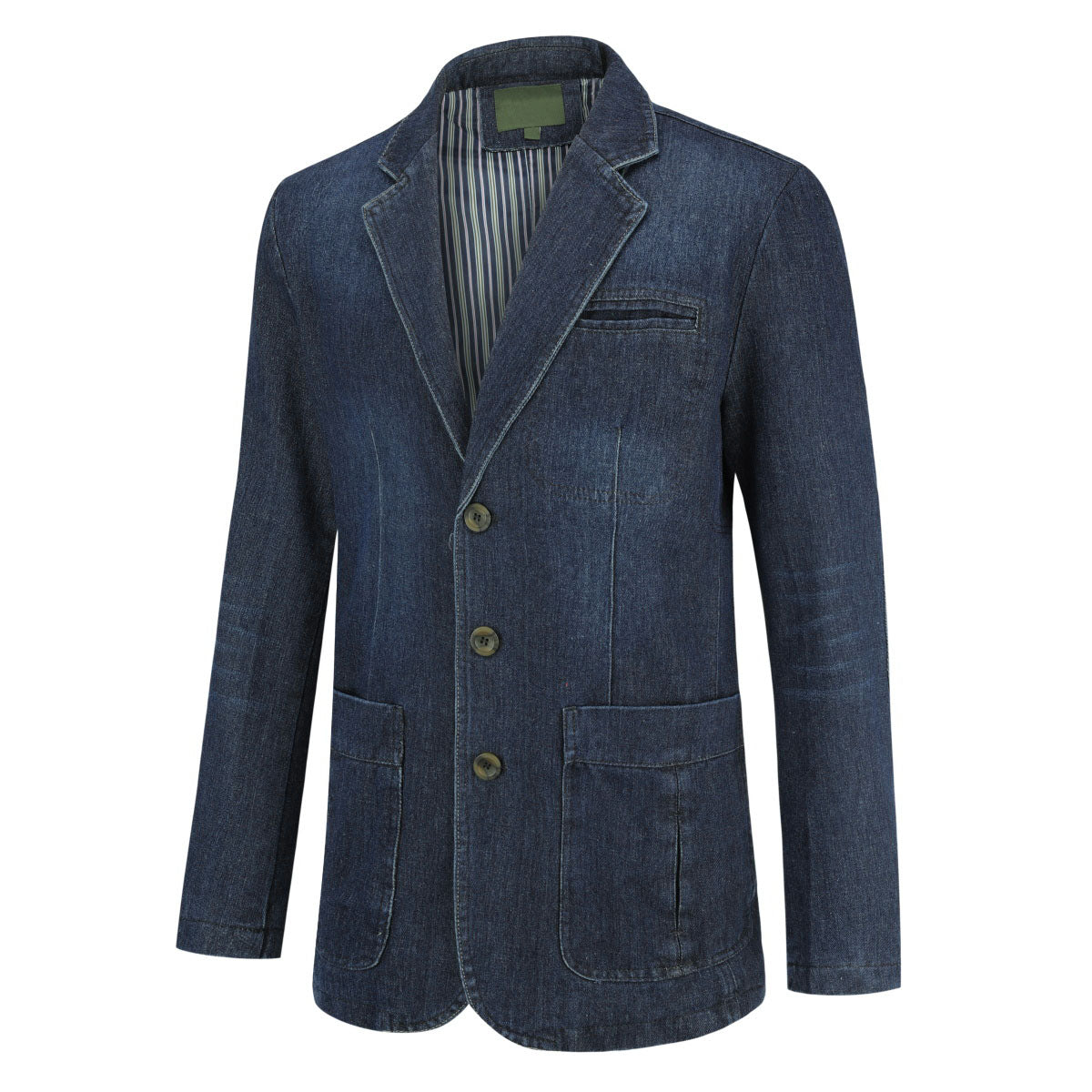 Dark Blue # Men's multi-pocket denim casual blazer with one-button notched lapel and tailored fit, dark blue sport coat jacket featuring dual side vents and flap pockets, versatile denim-style outerwear for daily business, office, casual wear and weekend outings, isolated on white background.