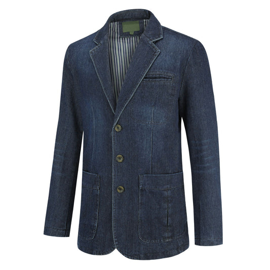Dark Blue # Men's multi-pocket denim casual blazer with one-button notched lapel and tailored fit, dark blue sport coat jacket featuring dual side vents and flap pockets, versatile denim-style outerwear for daily business, office, casual wear and weekend outings, isolated on white background.