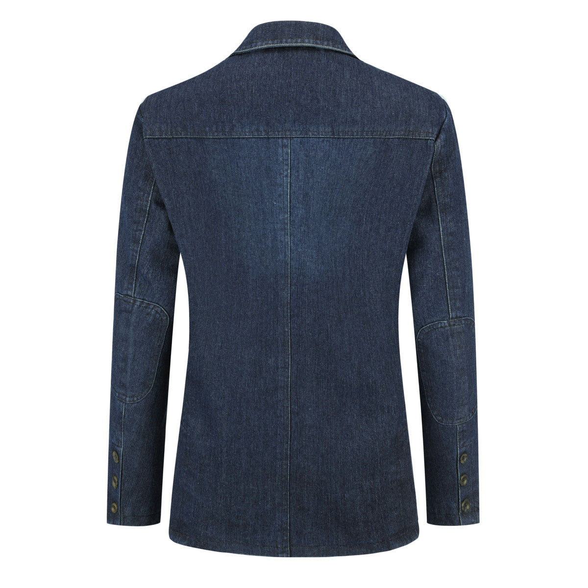 Dark Blue # Men's multi-pocket denim casual blazer with one-button notched lapel and tailored fit, dark blue sport coat jacket featuring dual side vents and flap pockets, versatile denim-style outerwear for daily business, office, casual wear and weekend outings, isolated on white background.