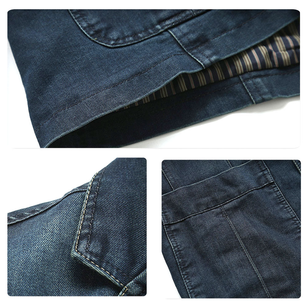 Dark Blue # Men's multi-pocket denim casual blazer with one-button notched lapel and tailored fit, dark blue sport coat jacket featuring dual side vents and flap pockets, versatile denim-style outerwear for daily business, office, casual wear and weekend outings, isolated on white background.