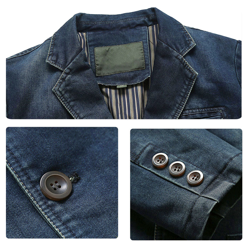 Dark Blue # Men's multi-pocket denim casual blazer with one-button notched lapel and tailored fit, dark blue sport coat jacket featuring dual side vents and flap pockets, versatile denim-style outerwear for daily business, office, casual wear and weekend outings, isolated on white background.