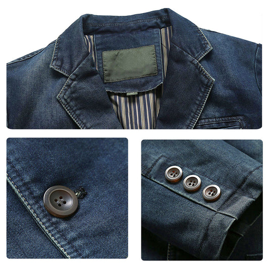 Dark Blue # Men's multi-pocket denim casual blazer with one-button notched lapel and tailored fit, dark blue sport coat jacket featuring dual side vents and flap pockets, versatile denim-style outerwear for daily business, office, casual wear and weekend outings, isolated on white background.