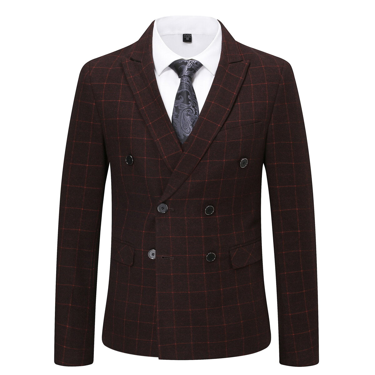 Red # Men's slim fit 3-piece double breasted plaid suit with notched lapel and button closure, red checkered formal blazer jacket with four-button cuffs, matching vest and flat-front trousers with extended waist strap, elegant polyester suit for wedding, business, prom and formal occasions, isolated on white background.