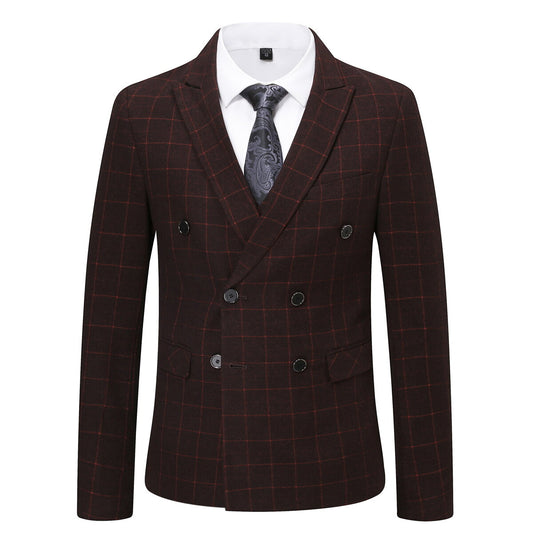 Red # Men's slim fit 3-piece double breasted plaid suit with notched lapel and button closure, red checkered formal blazer jacket with four-button cuffs, matching vest and flat-front trousers with extended waist strap, elegant polyester suit for wedding, business, prom and formal occasions, isolated on white background.