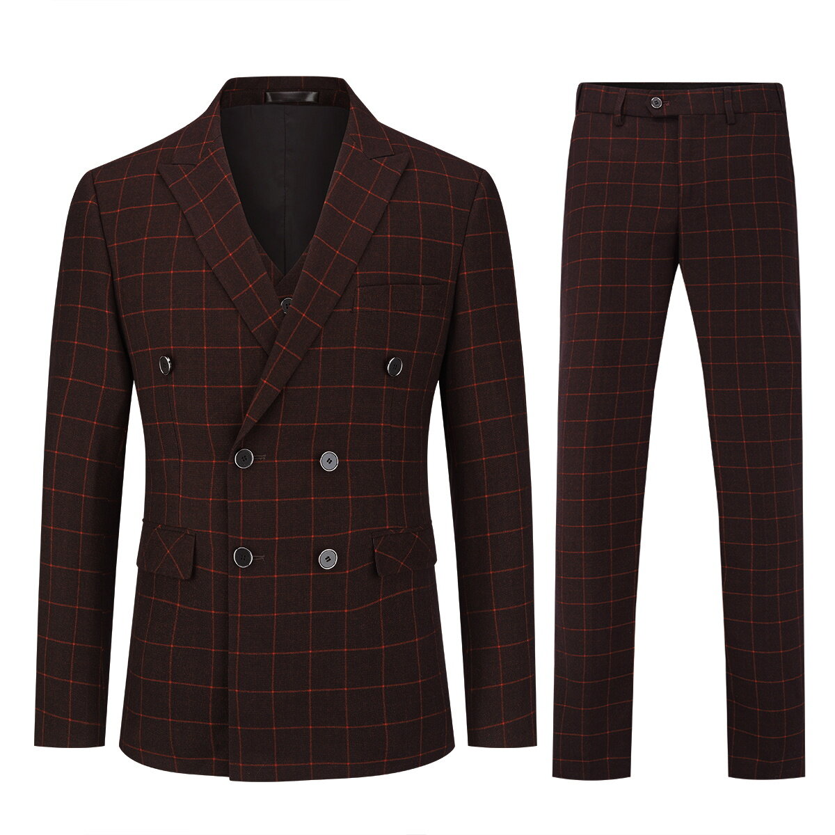 Red # Men's slim fit 3-piece double breasted plaid suit with notched lapel and button closure, red checkered formal blazer jacket with four-button cuffs, matching vest and flat-front trousers with extended waist strap, elegant polyester suit for wedding, business, prom and formal occasions, isolated on white background.