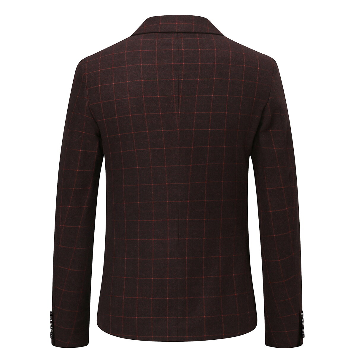 Red # Men's slim fit 3-piece double breasted plaid suit with notched lapel and button closure, red checkered formal blazer jacket with four-button cuffs, matching vest and flat-front trousers with extended waist strap, elegant polyester suit for wedding, business, prom and formal occasions, isolated on white background.