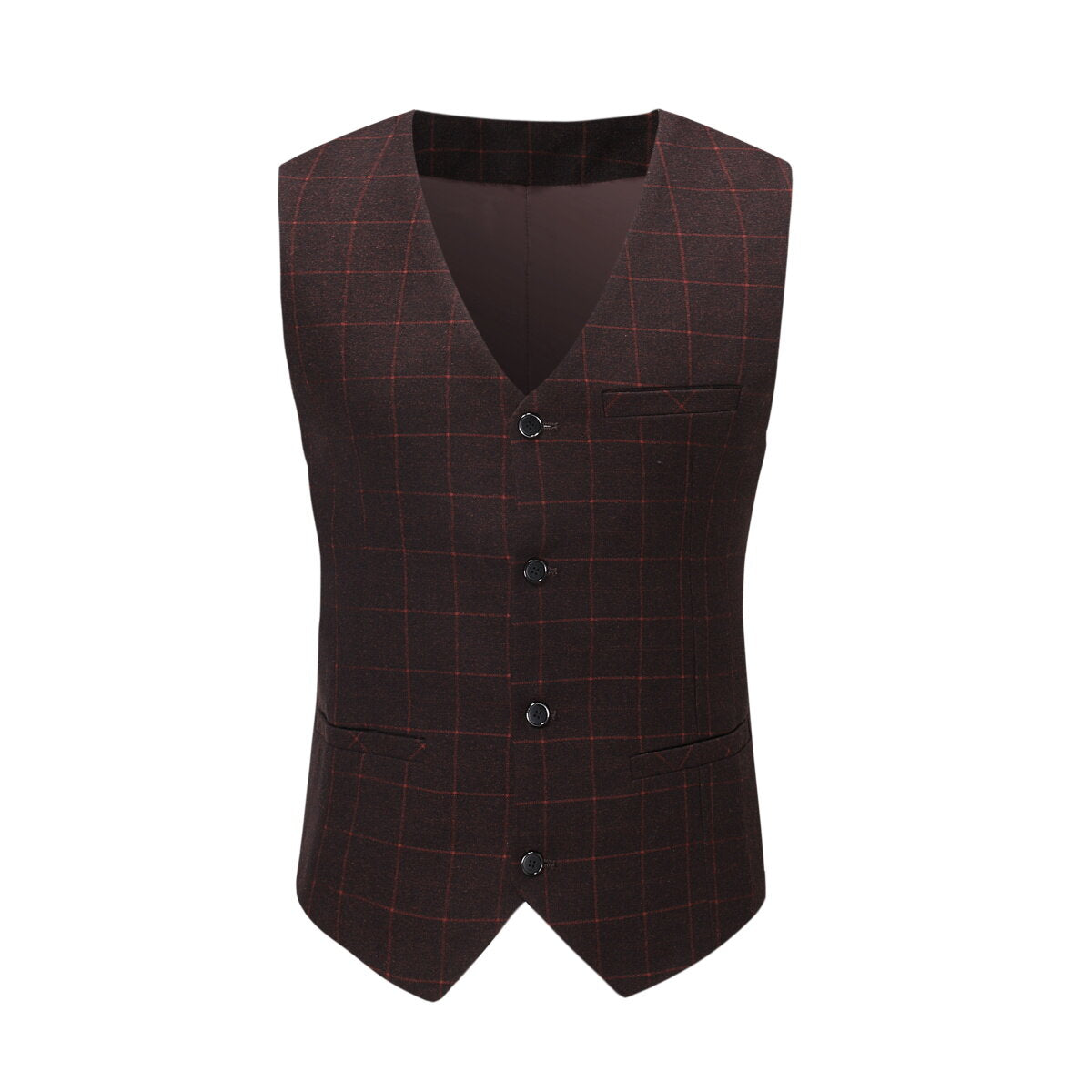 Red # Men's slim fit 3-piece double breasted plaid suit with notched lapel and button closure, red checkered formal blazer jacket with four-button cuffs, matching vest and flat-front trousers with extended waist strap, elegant polyester suit for wedding, business, prom and formal occasions, isolated on white background.