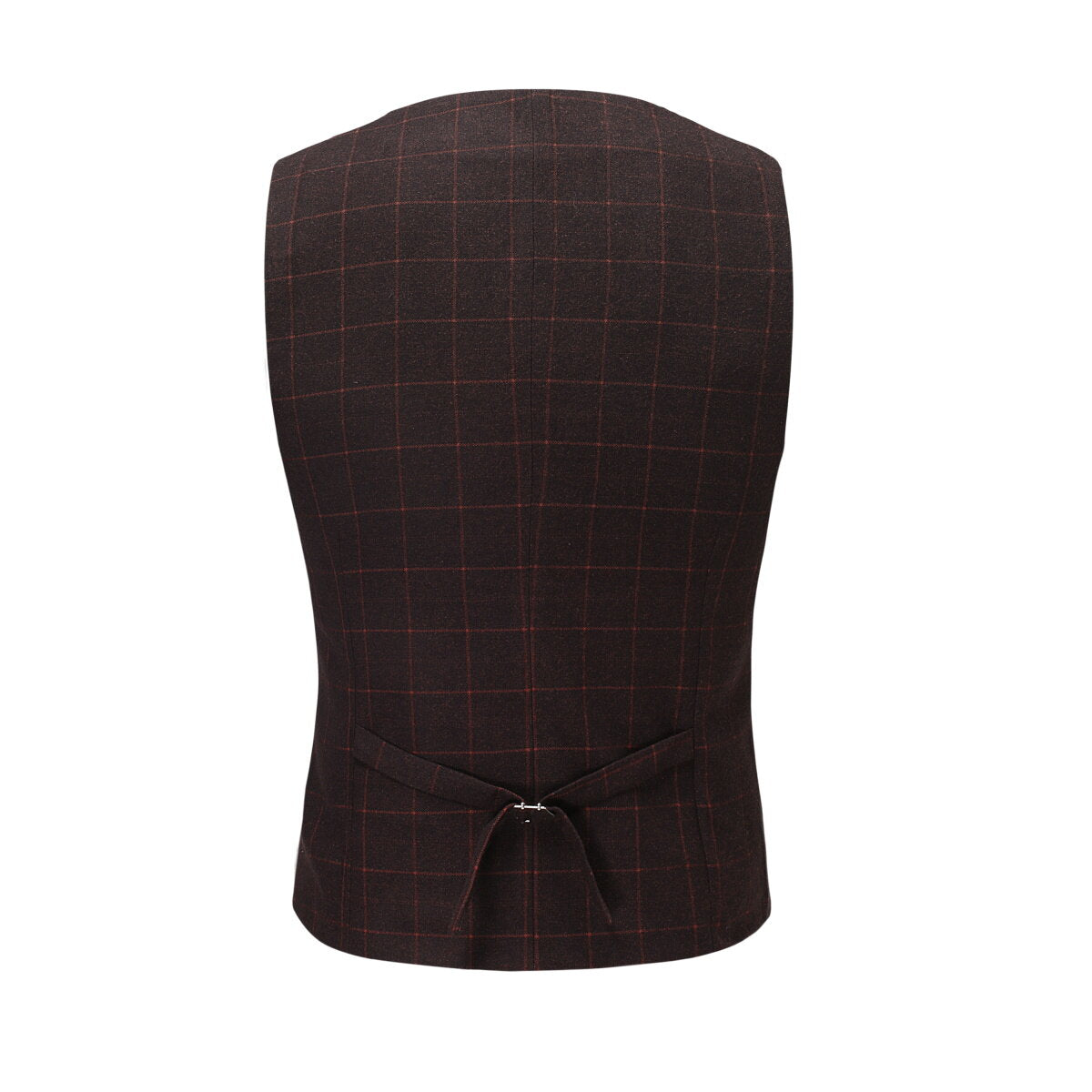Red # Men's slim fit 3-piece double breasted plaid suit with notched lapel and button closure, red checkered formal blazer jacket with four-button cuffs, matching vest and flat-front trousers with extended waist strap, elegant polyester suit for wedding, business, prom and formal occasions, isolated on white background.