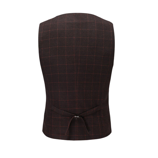 Red # Men's slim fit 3-piece double breasted plaid suit with notched lapel and button closure, red checkered formal blazer jacket with four-button cuffs, matching vest and flat-front trousers with extended waist strap, elegant polyester suit for wedding, business, prom and formal occasions, isolated on white background.