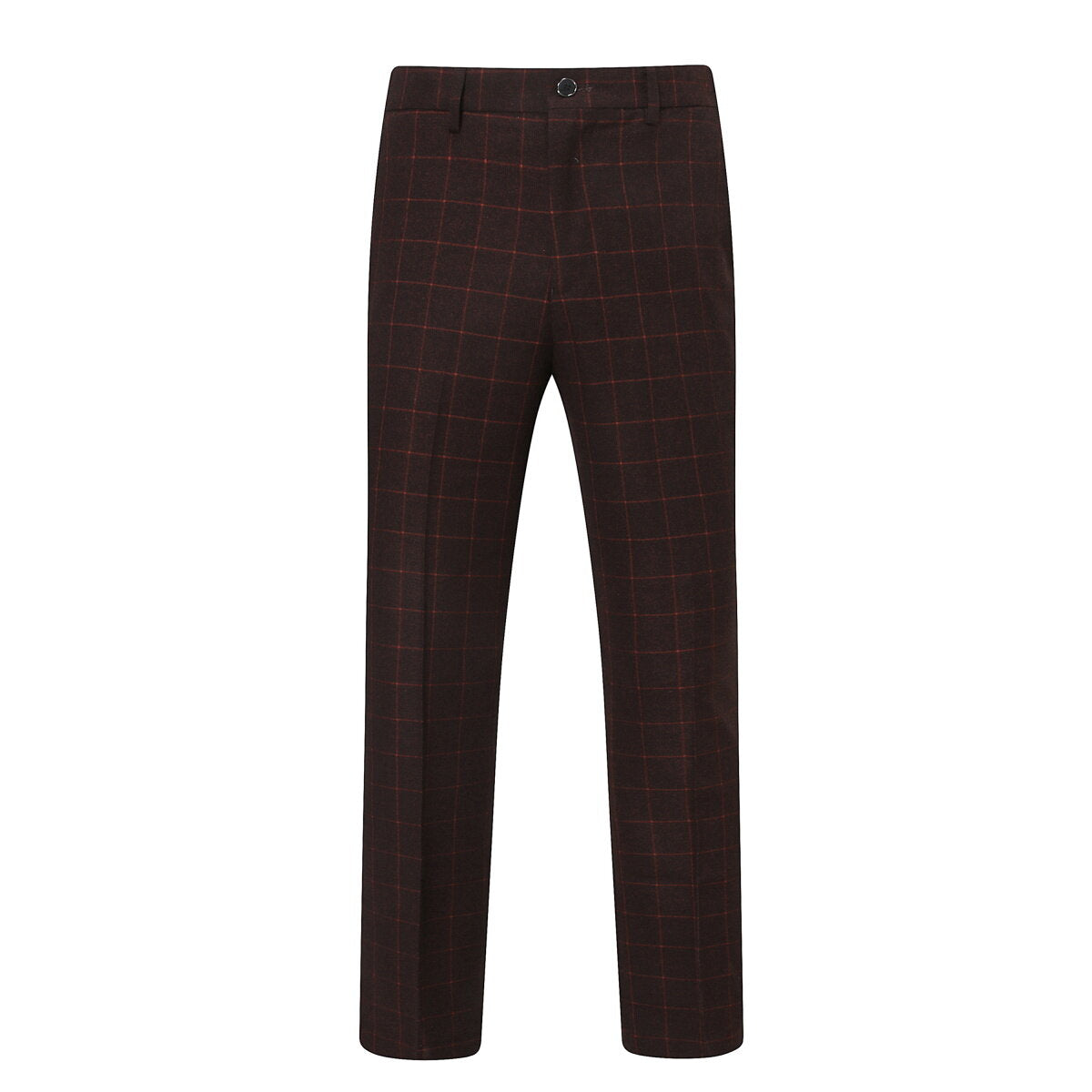 Red # Men's slim fit 3-piece double breasted plaid suit with notched lapel and button closure, red checkered formal blazer jacket with four-button cuffs, matching vest and flat-front trousers with extended waist strap, elegant polyester suit for wedding, business, prom and formal occasions, isolated on white background.
