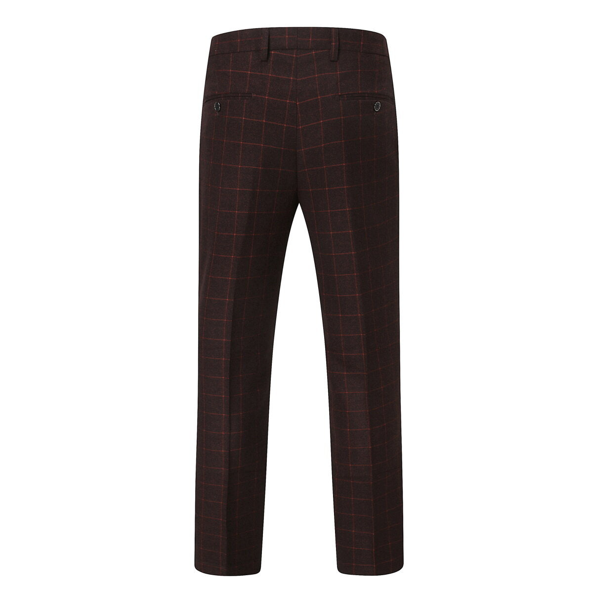 Red # Men's slim fit 3-piece double breasted plaid suit with notched lapel and button closure, red checkered formal blazer jacket with four-button cuffs, matching vest and flat-front trousers with extended waist strap, elegant polyester suit for wedding, business, prom and formal occasions, isolated on white background.