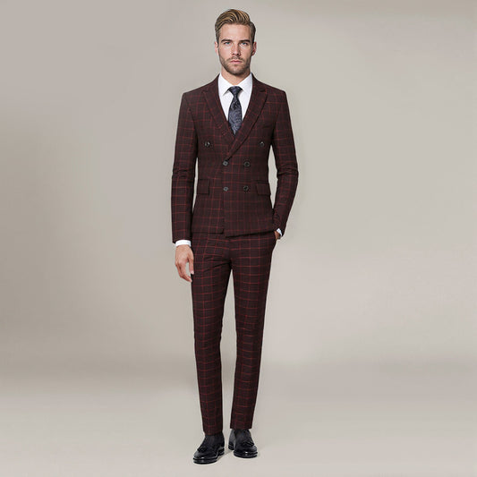 Red # Men's slim fit 3-piece double breasted plaid suit with notched lapel and button closure, red checkered formal blazer jacket with four-button cuffs, matching vest and flat-front trousers with extended waist strap, elegant polyester suit for wedding, business, prom and formal occasions, isolated on white background.