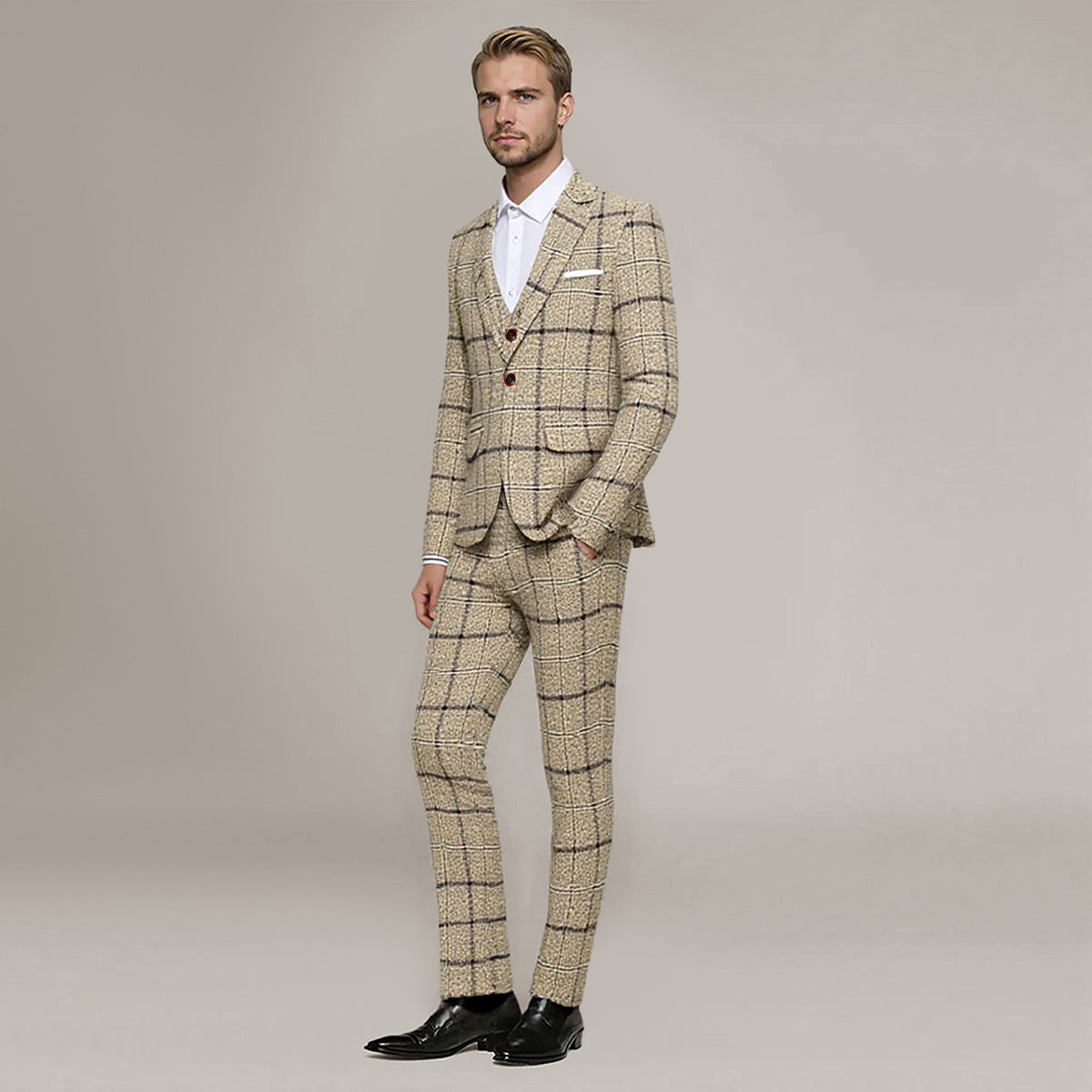 Beige # Men's slim fit 3-piece wool plaid suit with one-button closure and notched lapel, beige checkered formal blazer jacket with matching waistcoat and trousers, featuring front flap pockets and elasticated waistband for business, wedding, prom and formal occasions, isolated on white background.