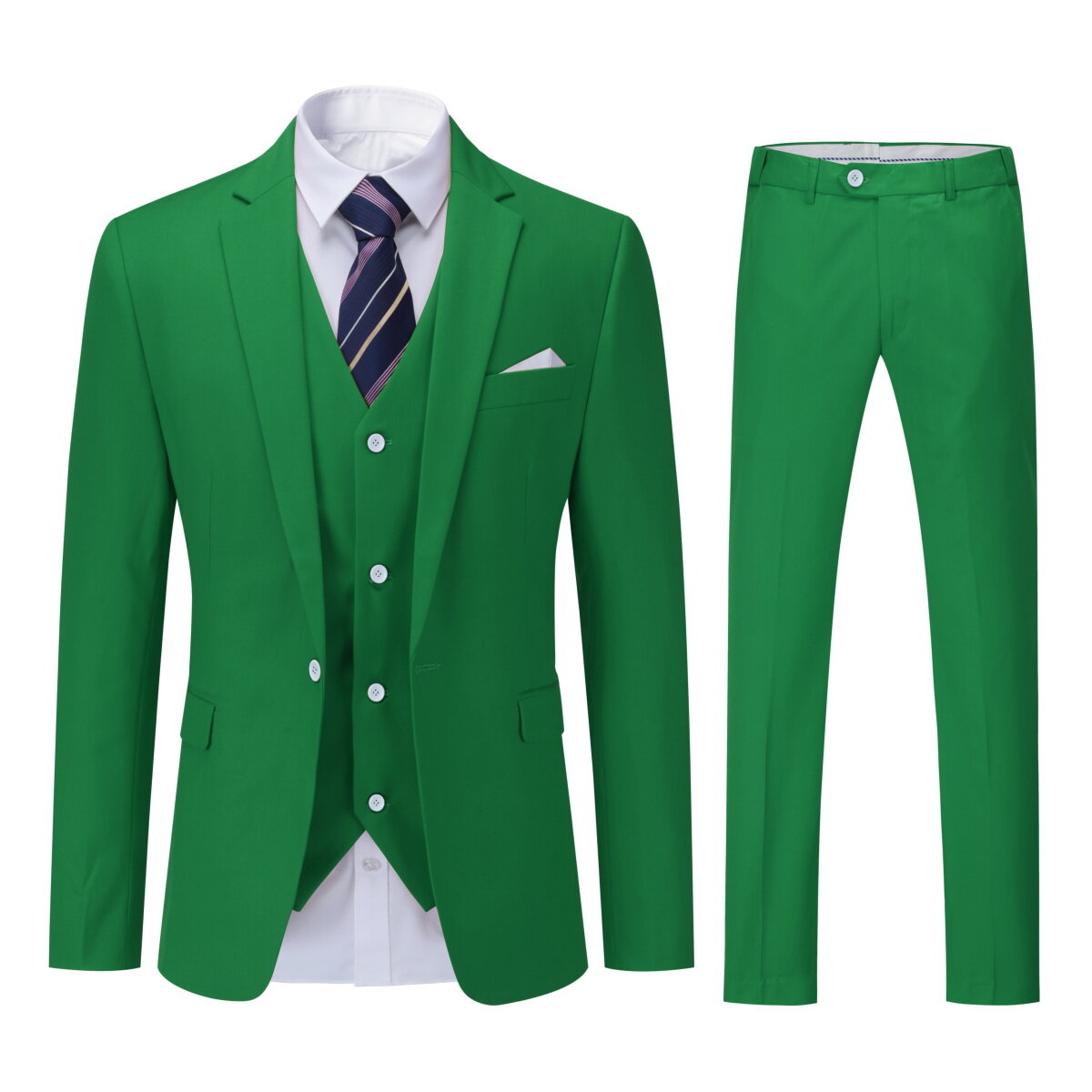 Green # Men's slim fit 3-piece dress suit with 1-button notched lapel and center back vent, green formal blazer jacket with 4-button cuffs, matching vest with adjustable belt and flat-front trousers for wedding, business, party and daily wear, isolated on white background.