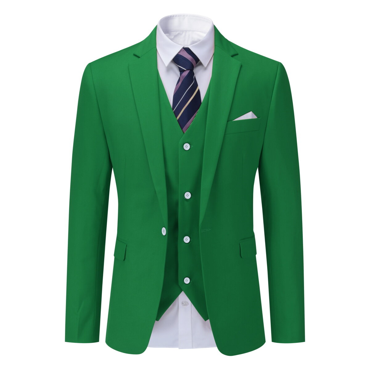 Green # Men's slim fit 3-piece dress suit with 1-button notched lapel and center back vent, green formal blazer jacket with 4-button cuffs, matching vest with adjustable belt and flat-front trousers for wedding, business, party and daily wear, isolated on white background.