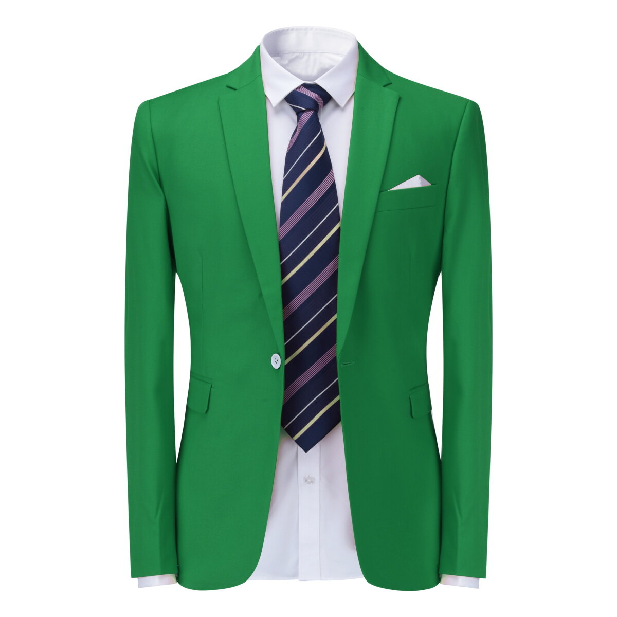 Green # Men's slim fit 3-piece dress suit with 1-button notched lapel and center back vent, green formal blazer jacket with 4-button cuffs, matching vest with adjustable belt and flat-front trousers for wedding, business, party and daily wear, isolated on white background.