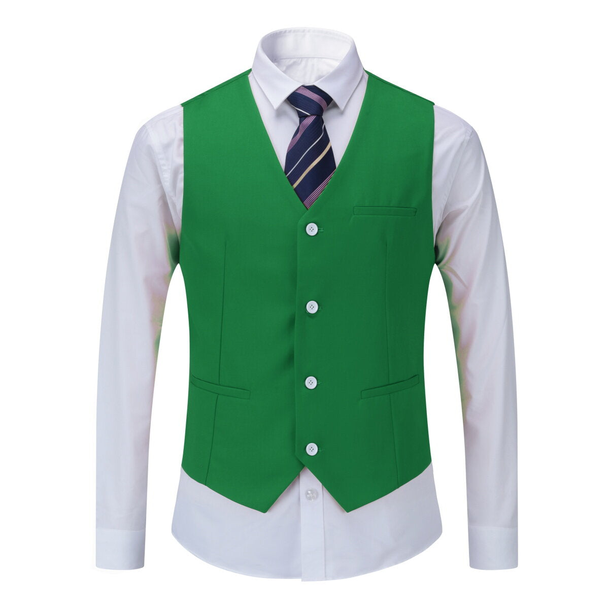 Green # Men's slim fit 3-piece dress suit with 1-button notched lapel and center back vent, green formal blazer jacket with 4-button cuffs, matching vest with adjustable belt and flat-front trousers for wedding, business, party and daily wear, isolated on white background.