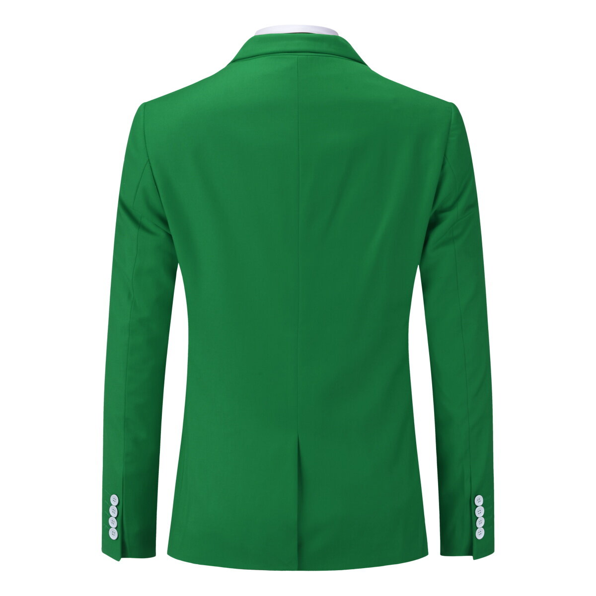 Green # Men's slim fit 3-piece dress suit with 1-button notched lapel and center back vent, green formal blazer jacket with 4-button cuffs, matching vest with adjustable belt and flat-front trousers for wedding, business, party and daily wear, isolated on white background.