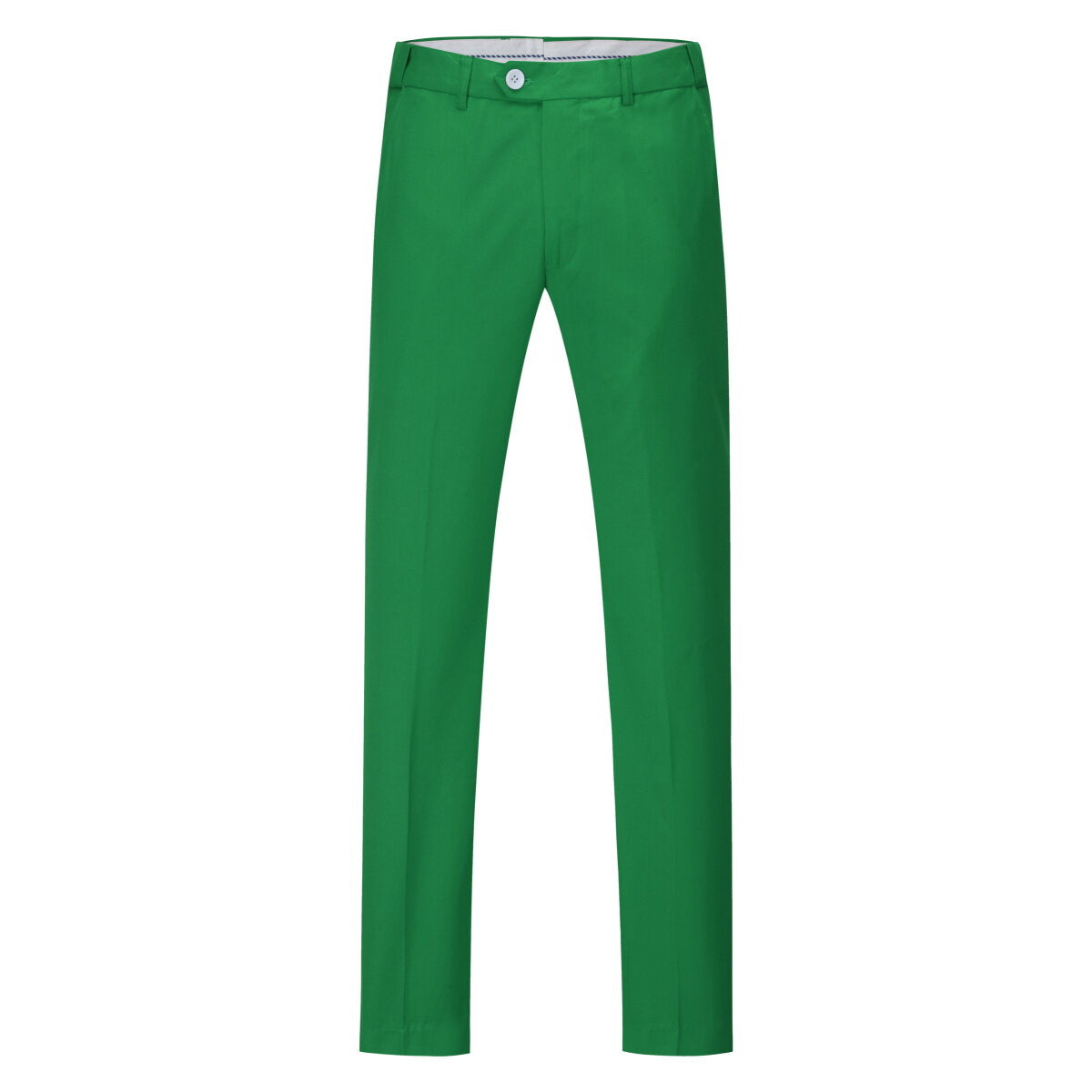 Green # Men's slim fit 3-piece dress suit with 1-button notched lapel and center back vent, green formal blazer jacket with 4-button cuffs, matching vest with adjustable belt and flat-front trousers for wedding, business, party and daily wear, isolated on white background.