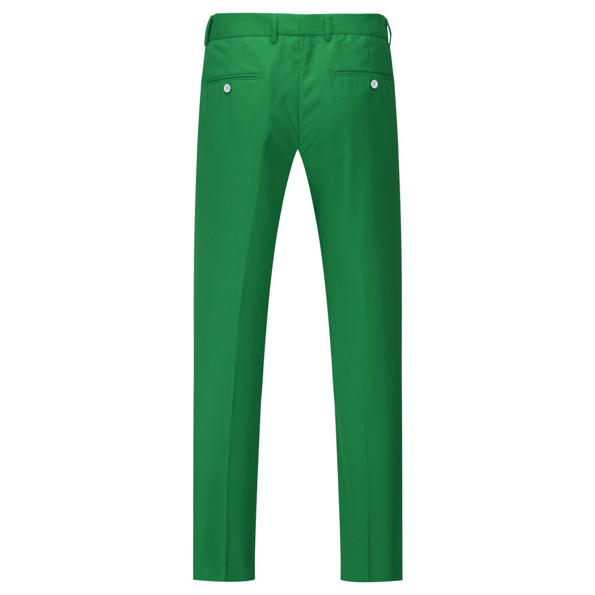 Green # Men's slim fit 3-piece dress suit with 1-button notched lapel and center back vent, green formal blazer jacket with 4-button cuffs, matching vest with adjustable belt and flat-front trousers for wedding, business, party and daily wear, isolated on white background.