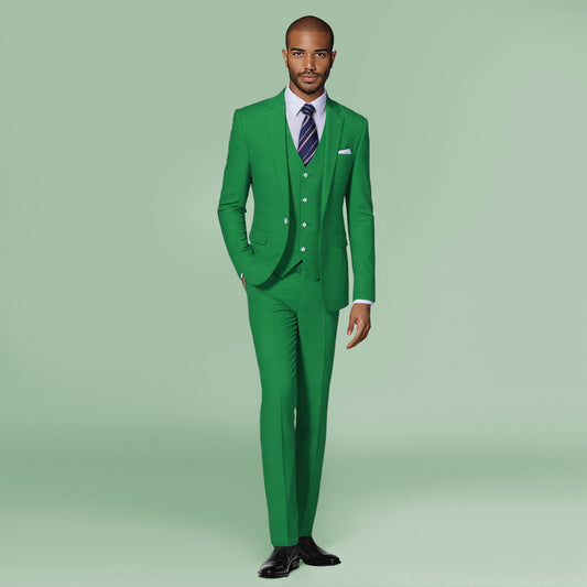 Green # Men's slim fit 3-piece dress suit with 1-button notched lapel and center back vent, green formal blazer jacket with 4-button cuffs, matching vest with adjustable belt and flat-front trousers for wedding, business, party and daily wear, isolated on white background.