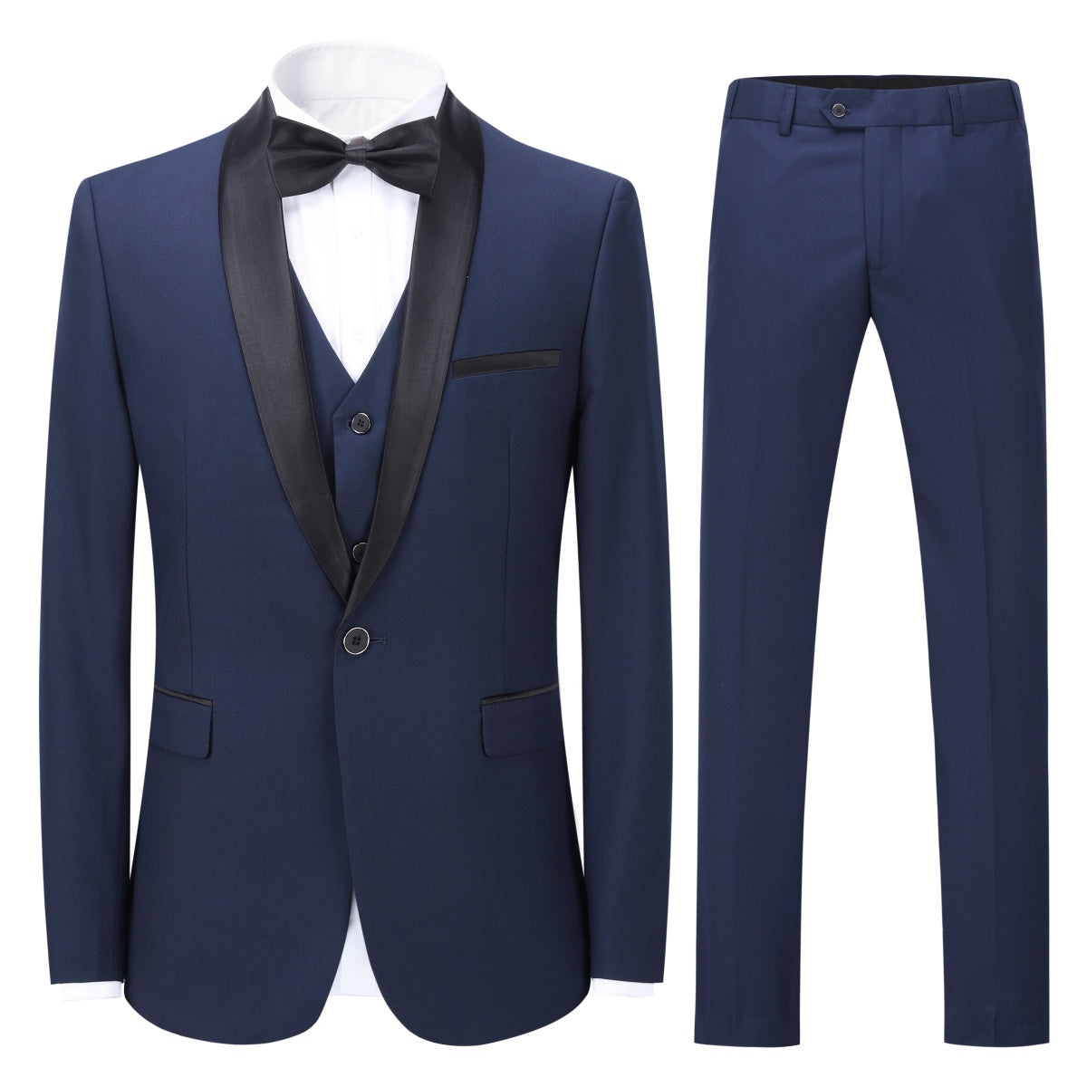 Blue # Men's slim fit 3-piece one-button fashion suit with peaked lapel and button closure, blue formal blazer jacket with matching vest and flat-front trousers with extended waist strap, elegant polyester suit for business, wedding, prom and daily wear, isolated on white background.