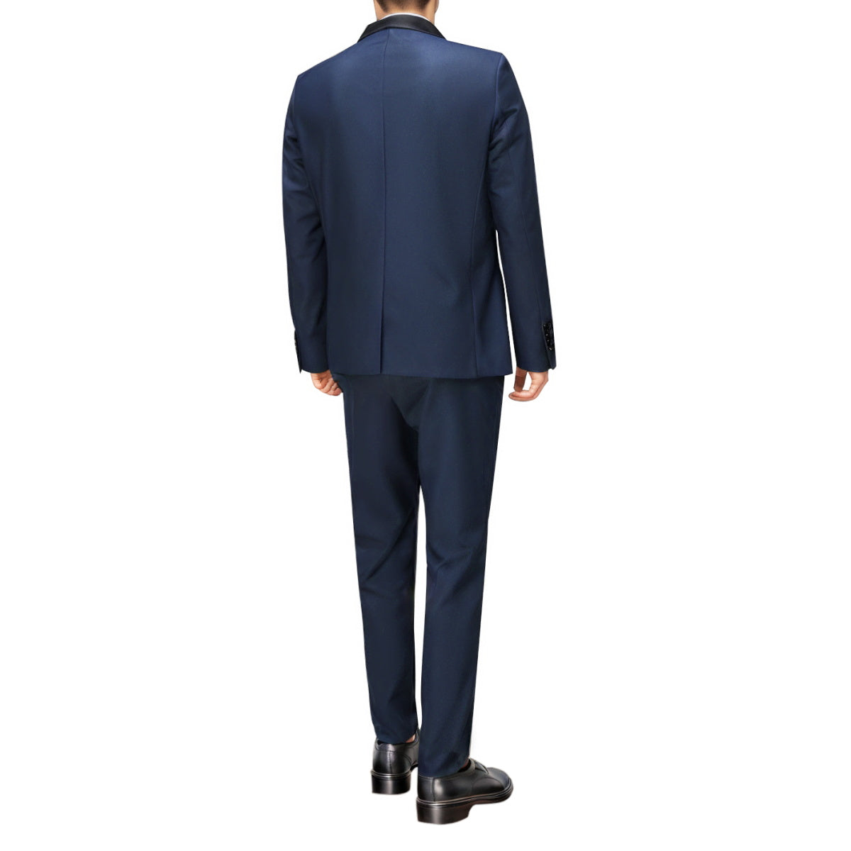 Blue # Men's slim fit 3-piece one-button fashion suit with peaked lapel and button closure, blue formal blazer jacket with matching vest and flat-front trousers with extended waist strap, elegant polyester suit for business, wedding, prom and daily wear, isolated on white background.