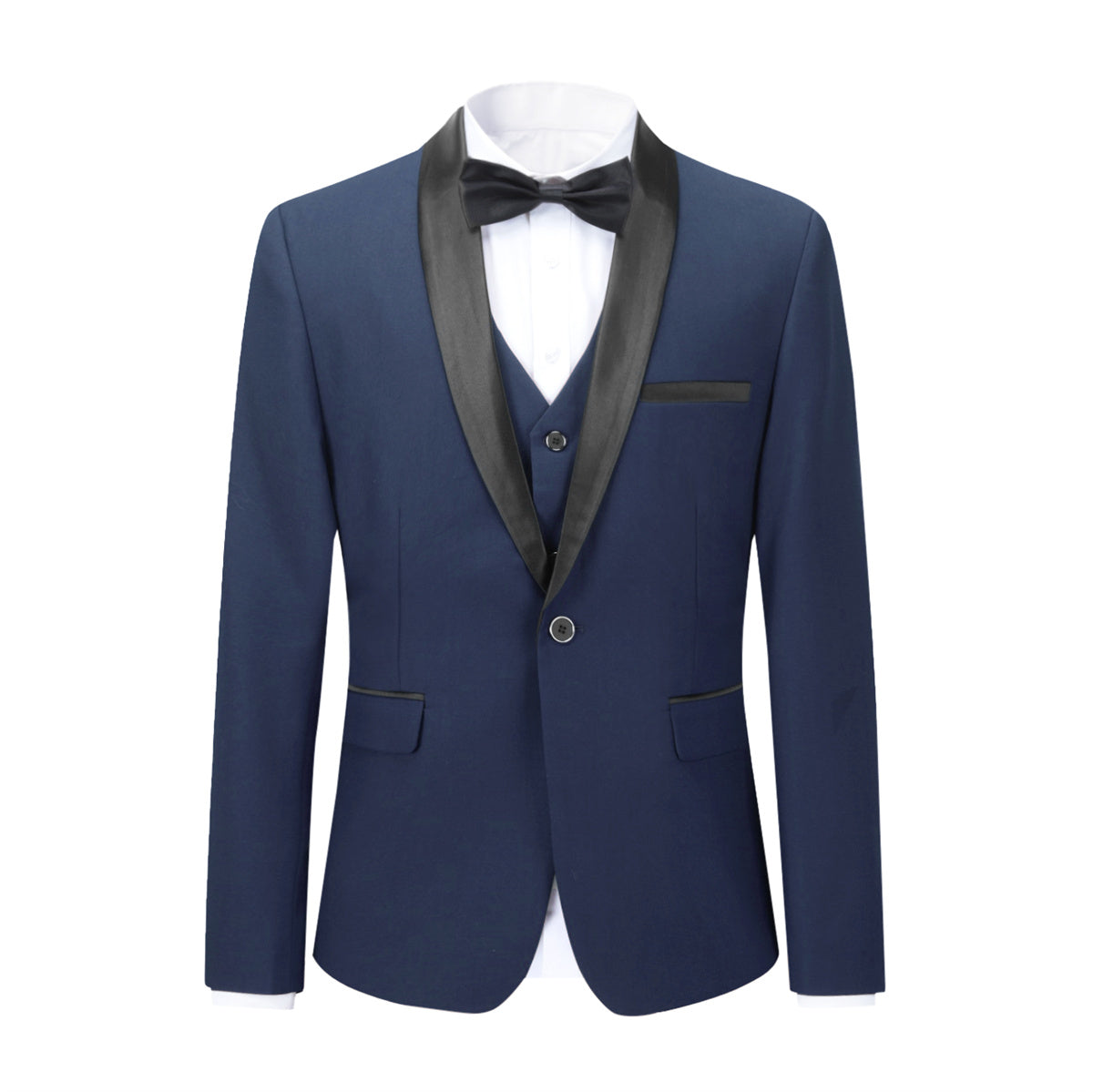 Blue # Men's slim fit 3-piece one-button fashion suit with peaked lapel and button closure, blue formal blazer jacket with matching vest and flat-front trousers with extended waist strap, elegant polyester suit for business, wedding, prom and daily wear, isolated on white background.