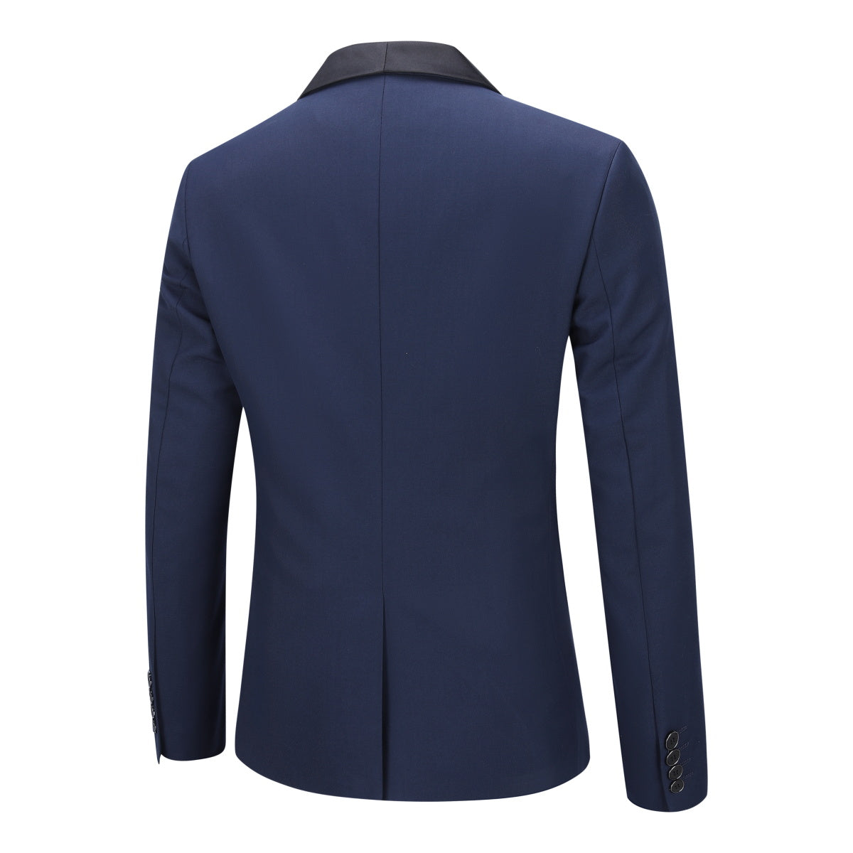 Blue # Men's slim fit 3-piece one-button fashion suit with peaked lapel and button closure, blue formal blazer jacket with matching vest and flat-front trousers with extended waist strap, elegant polyester suit for business, wedding, prom and daily wear, isolated on white background.