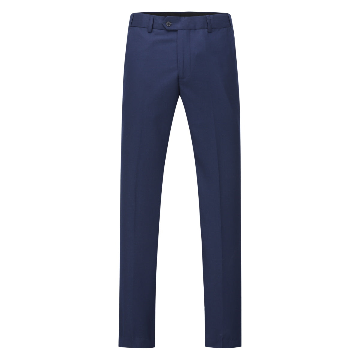 Blue # Men's slim fit 3-piece one-button fashion suit with peaked lapel and button closure, blue formal blazer jacket with matching vest and flat-front trousers with extended waist strap, elegant polyester suit for business, wedding, prom and daily wear, isolated on white background.