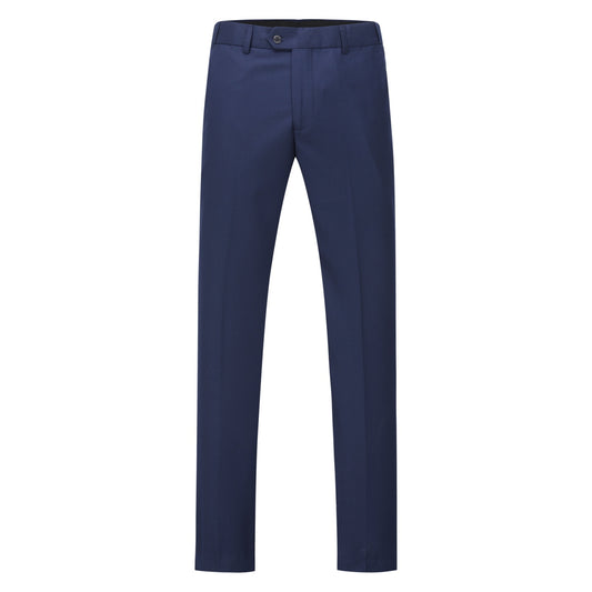 Blue # Men's slim fit 3-piece one-button fashion suit with peaked lapel and button closure, blue formal blazer jacket with matching vest and flat-front trousers with extended waist strap, elegant polyester suit for business, wedding, prom and daily wear, isolated on white background.