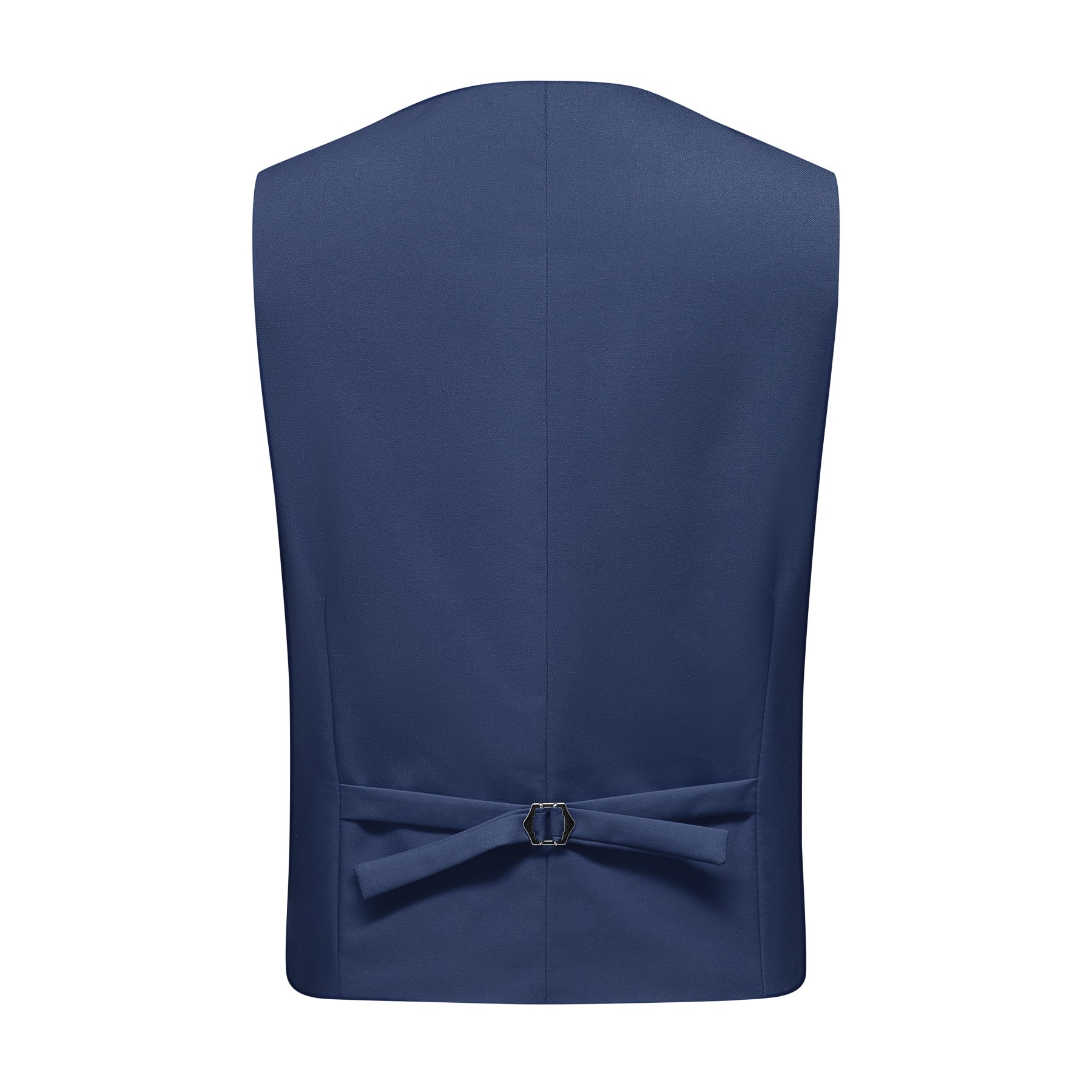 Blue # Men's slim fit 3-piece one-button fashion suit with peaked lapel and button closure, blue formal blazer jacket with matching vest and flat-front trousers with extended waist strap, elegant polyester suit for business, wedding, prom and daily wear, isolated on white background.