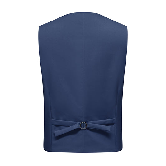 Blue # Men's slim fit 3-piece one-button fashion suit with peaked lapel and button closure, blue formal blazer jacket with matching vest and flat-front trousers with extended waist strap, elegant polyester suit for business, wedding, prom and daily wear, isolated on white background.