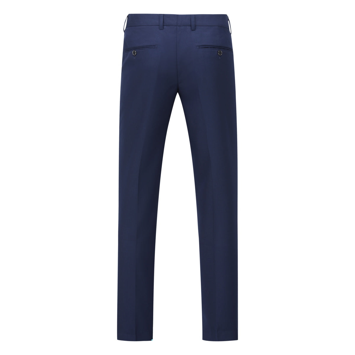 Blue # Men's slim fit 3-piece one-button fashion suit with peaked lapel and button closure, blue formal blazer jacket with matching vest and flat-front trousers with extended waist strap, elegant polyester suit for business, wedding, prom and daily wear, isolated on white background.
