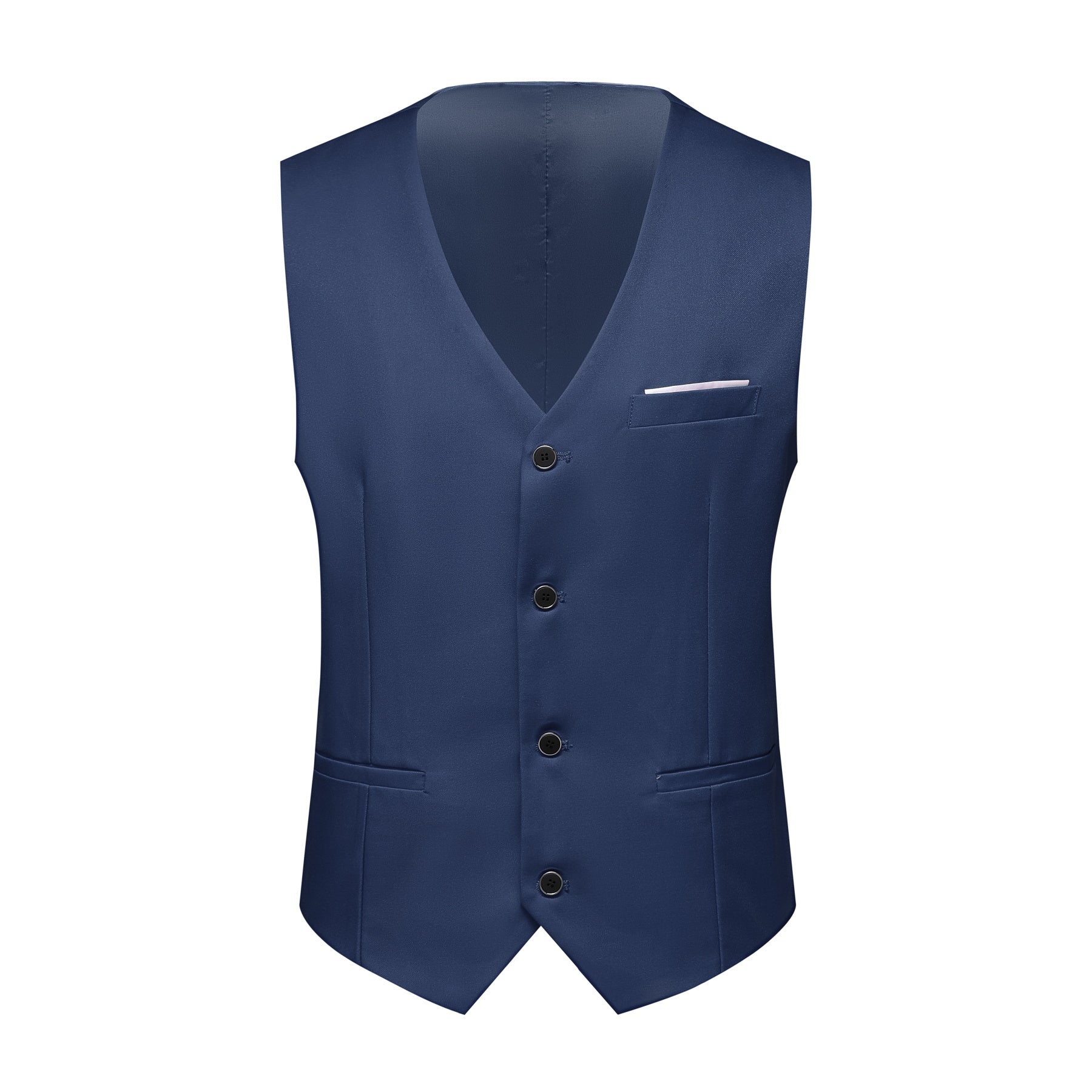 Blue # Men's slim fit 3-piece one-button fashion suit with peaked lapel and button closure, blue formal blazer jacket with matching vest and flat-front trousers with extended waist strap, elegant polyester suit for business, wedding, prom and daily wear, isolated on white background.