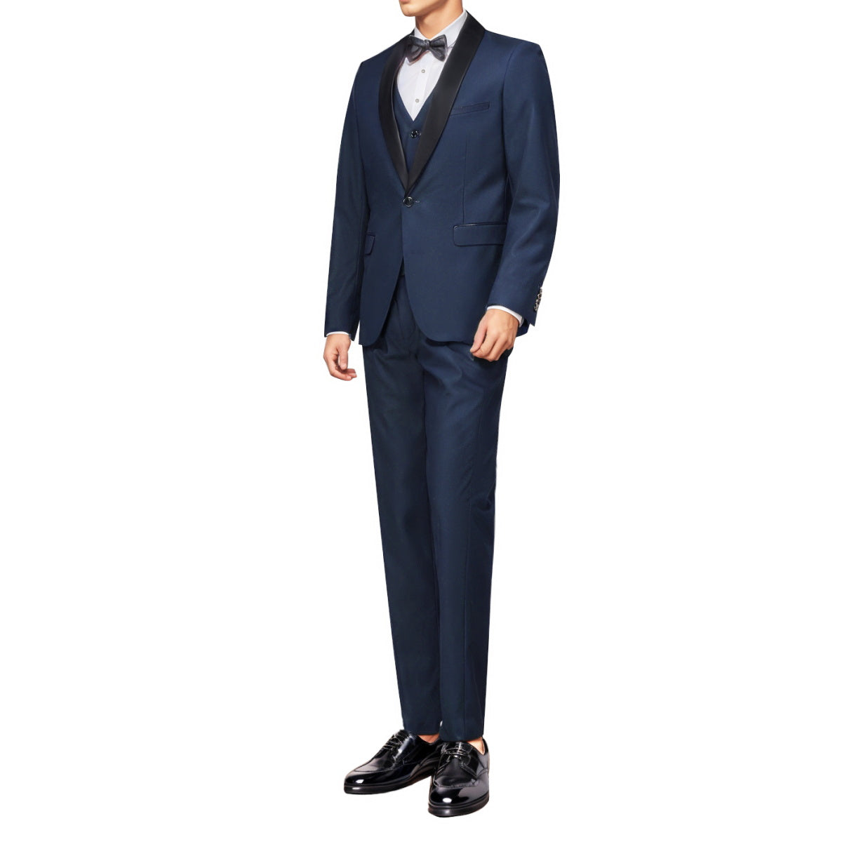 Blue # Men's slim fit 3-piece one-button fashion suit with peaked lapel and button closure, blue formal blazer jacket with matching vest and flat-front trousers with extended waist strap, elegant polyester suit for business, wedding, prom and daily wear, isolated on white background.