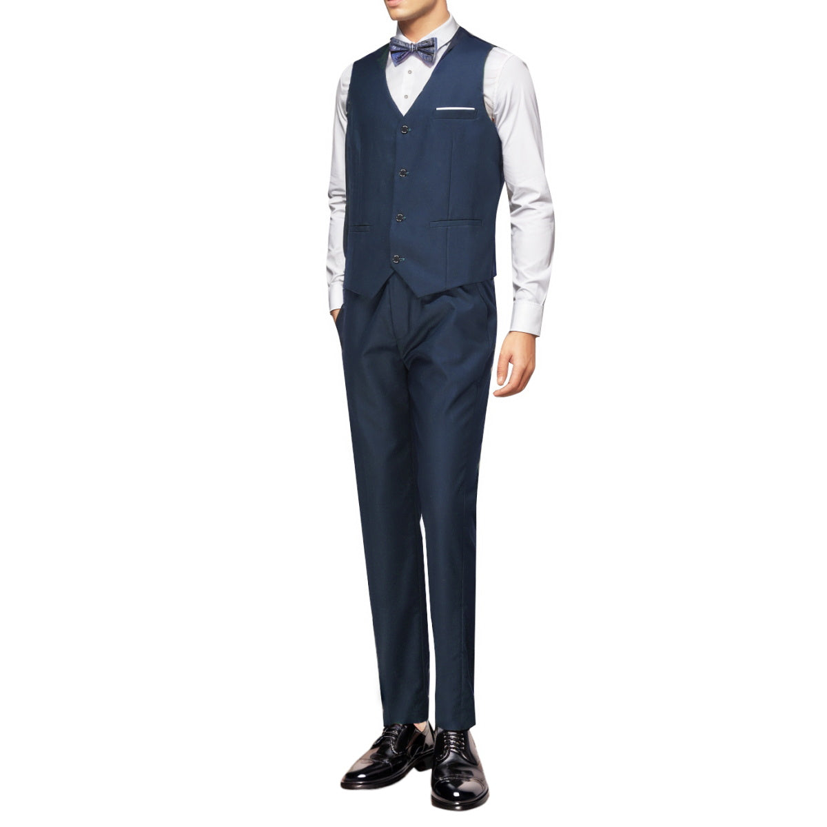 Blue # Men's slim fit 3-piece one-button fashion suit with peaked lapel and button closure, blue formal blazer jacket with matching vest and flat-front trousers with extended waist strap, elegant polyester suit for business, wedding, prom and daily wear, isolated on white background.