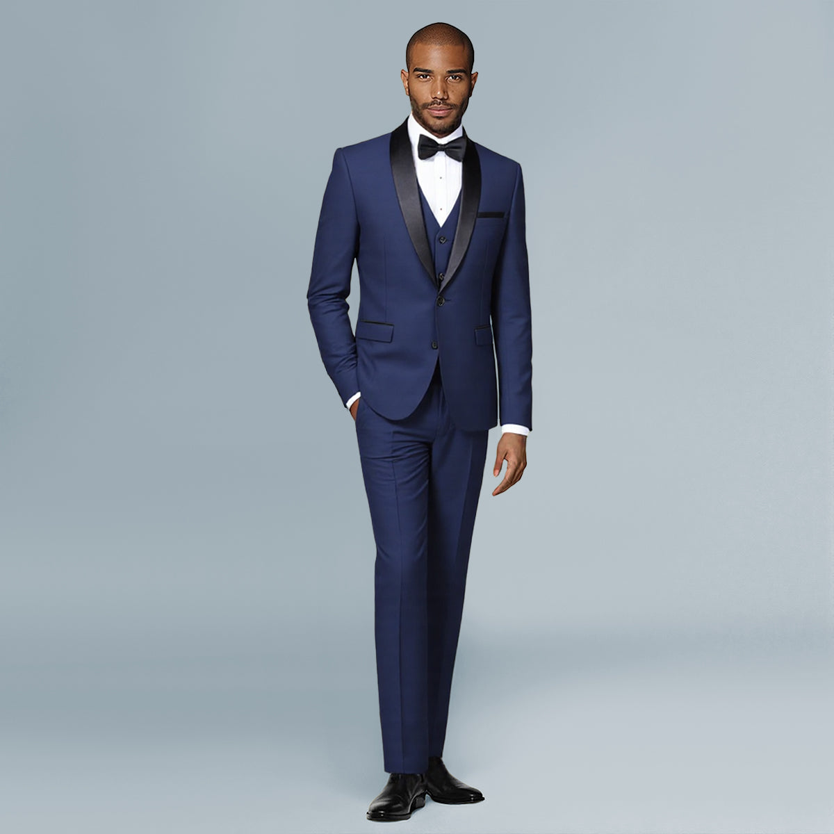 Blue # Men's slim fit 3-piece one-button fashion suit with peaked lapel and button closure, blue formal blazer jacket with matching vest and flat-front trousers with extended waist strap, elegant polyester suit for business, wedding, prom and daily wear, isolated on white background.