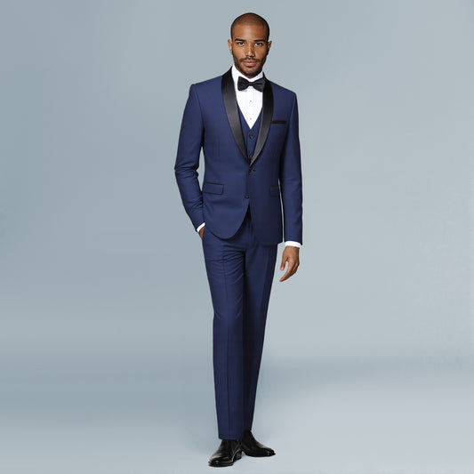 Blue # Men's slim fit 3-piece one-button fashion suit with peaked lapel and button closure, blue formal blazer jacket with matching vest and flat-front trousers with extended waist strap, elegant polyester suit for business, wedding, prom and daily wear, isolated on white background.