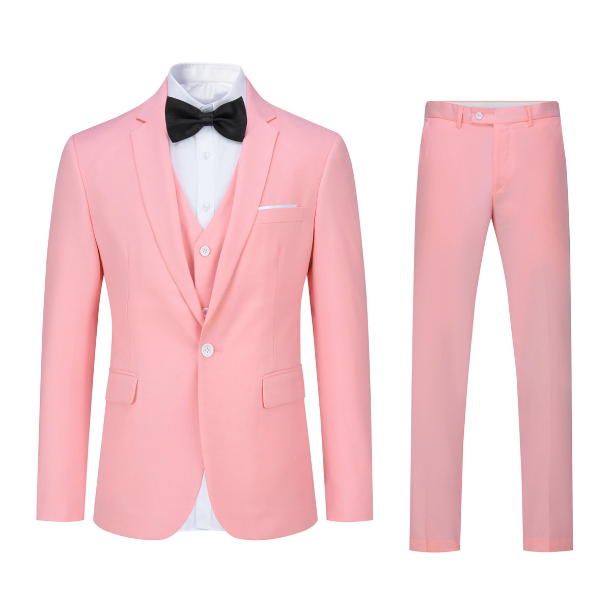 Pink # Men's slim fit 3-piece suit with one-button closure, fashionable pink blazer jacket with matching vest and trousers, formal wedding party prom business wear set, isolated on white background.